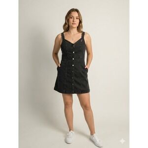 BDG Urban Outfitters Black Denim Mini Dress Button Front Embroidered Small 90s